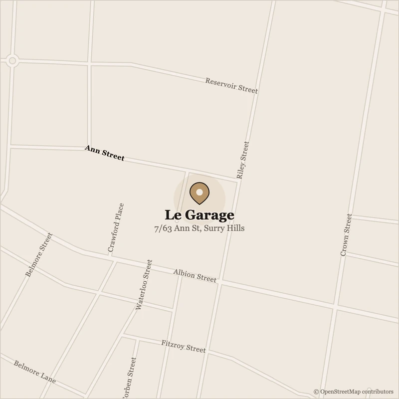 Map showing Le Garage at 7/63 Ann St, Surry Hills, near the corner of Riley Street