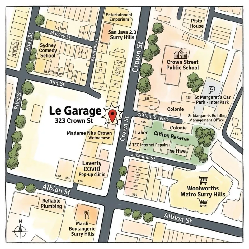 Illustrated map showing Le Garage at 323 Crown St, Surry Hills, near Crown St Public School