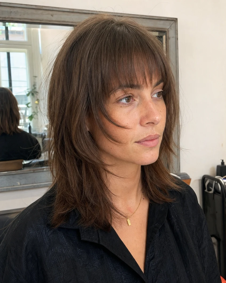 Illustrative reference showing a textured fringe haircut